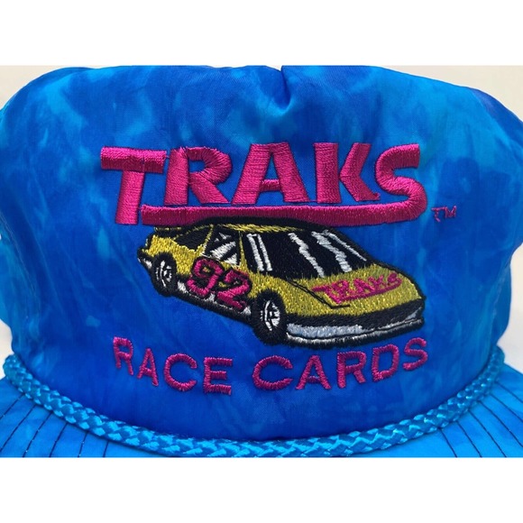 Vintage VTG 90s Tie Dye Traks Race Cards Adjustable Slide Back Rope Hat - Picture 2 of 5